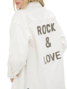 Blue B Collection Rock & Love Cream Denim Jacket – Small, Distressed Boho Chic
